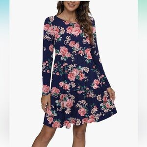 levaca Women's Casual Loose Wing Floral Navy Tound Neck Long Sleeve Dress XL